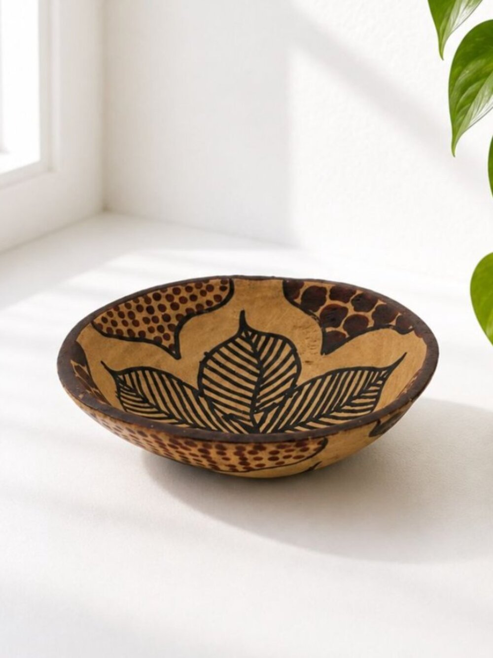 Vintage Hand-Carved Wooden Decorative Bowl With Hand-Painted Leaf Design